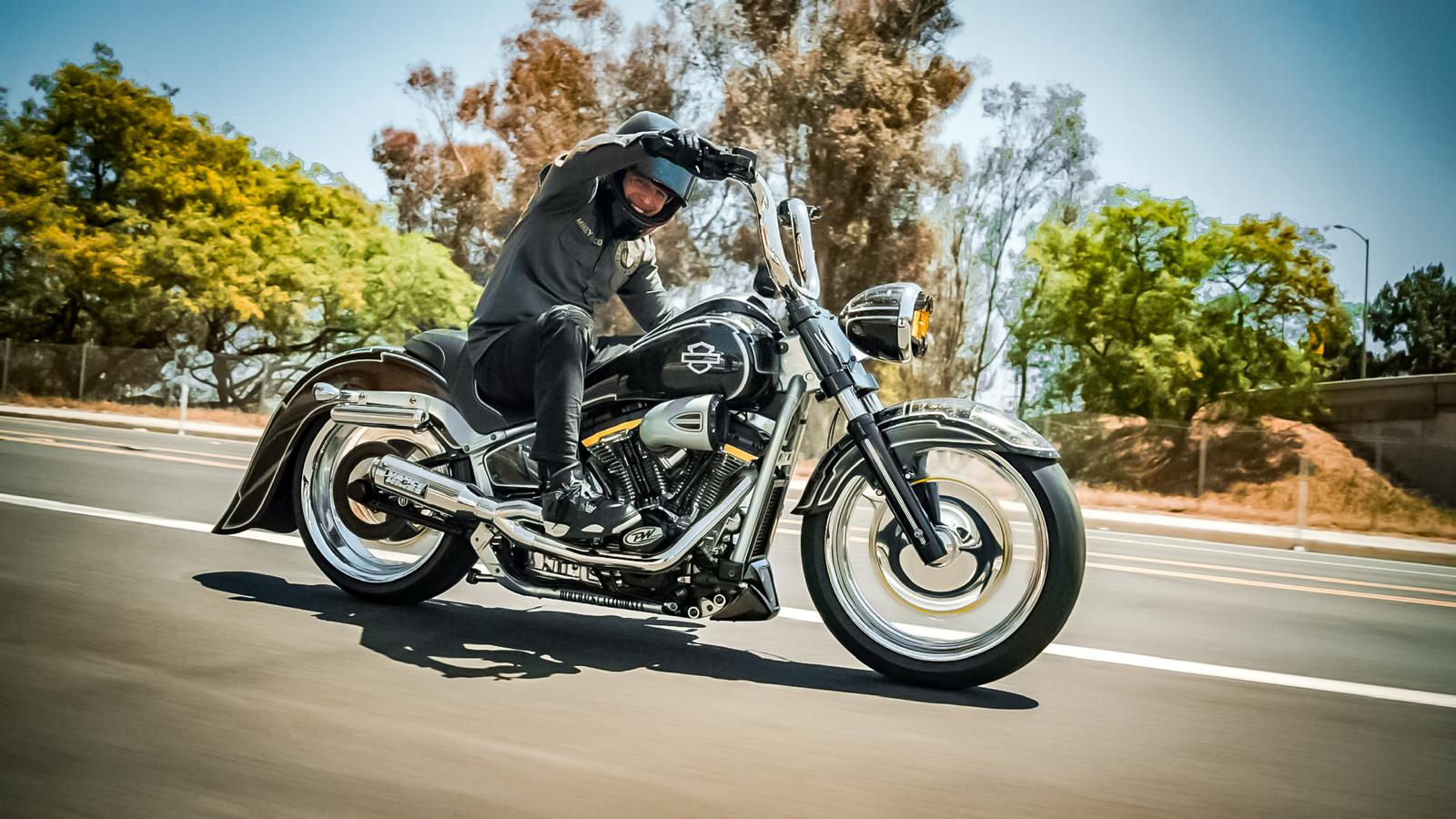Custom Harley-Davidson motorcycle being ridden